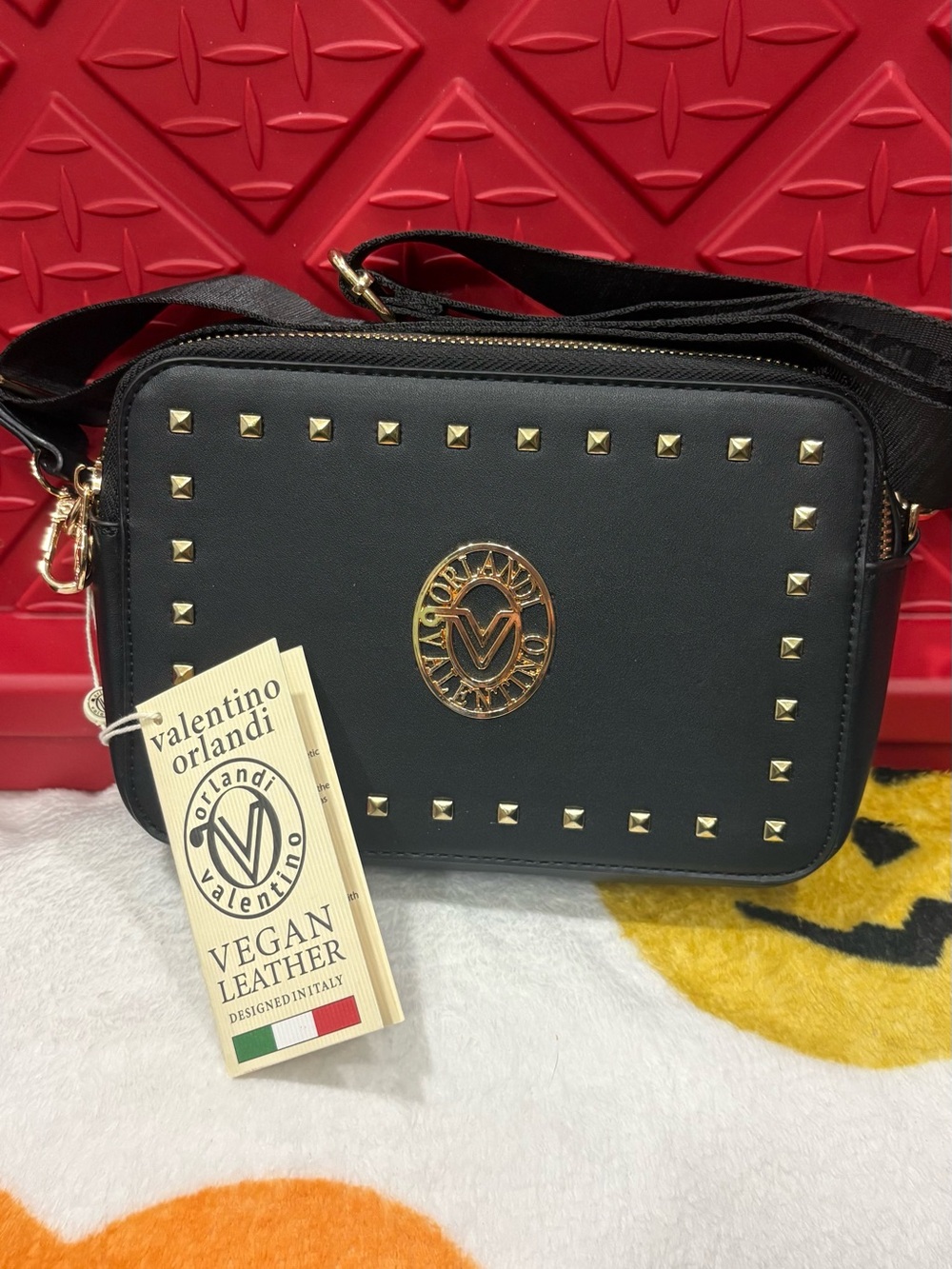Valentino Orlandi Black Vegan Leather Studded Crossbody with Gold Logo